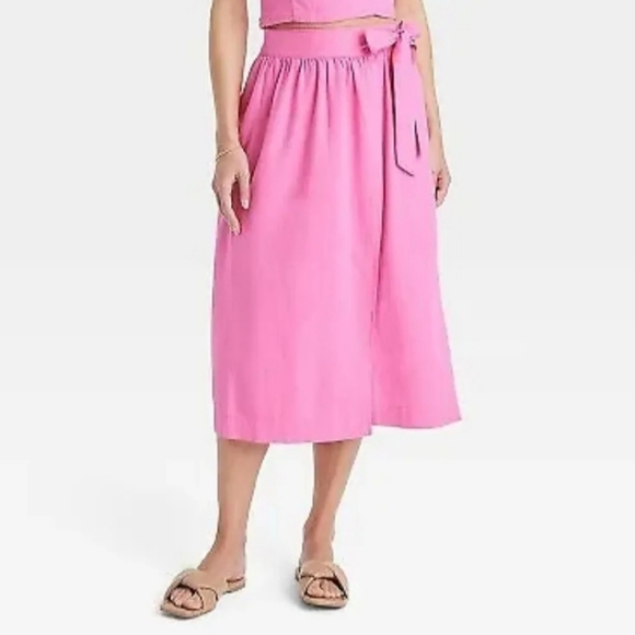 Women's Linen Wrap A-Line Skirt - A New Day Pink L - Picture 2 of 9
